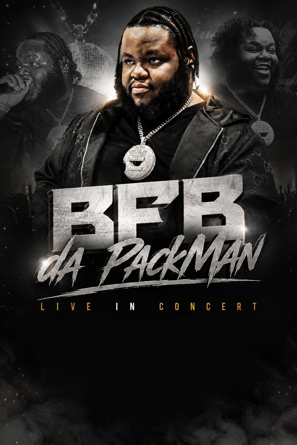 BFB Da Packman live in concert poster with chrome and brush-script lettering