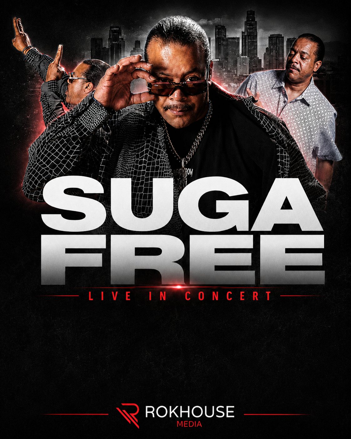 Suga Free live in concert poster with chrome lettering over a Los Angeles skyline