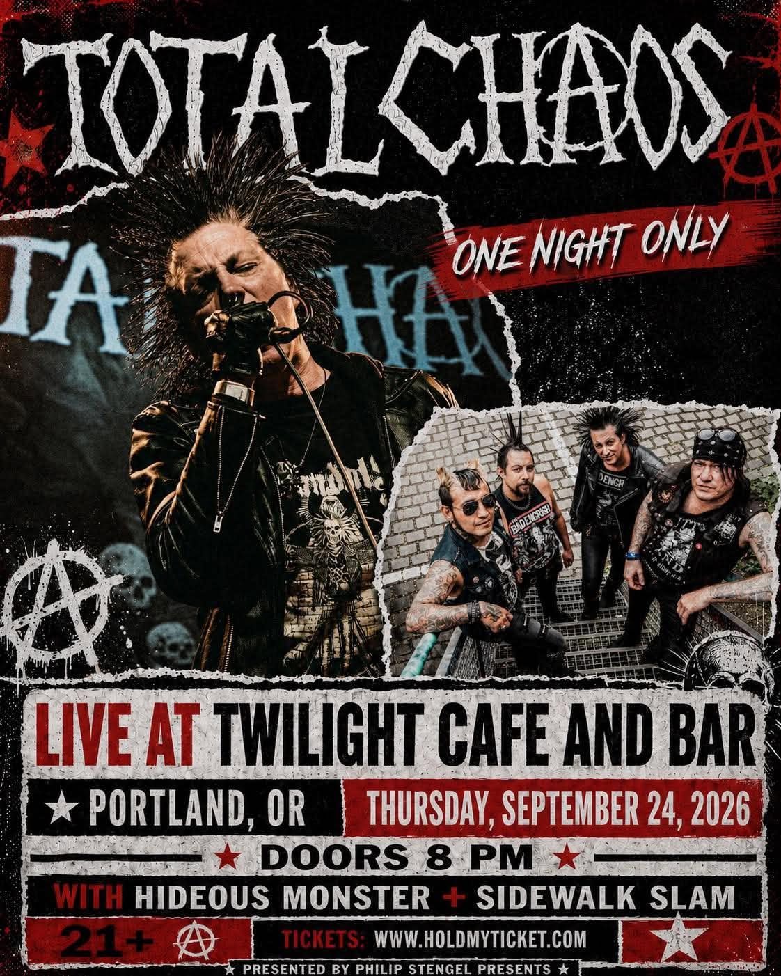 Total Chaos one-night event flyer in a punk collage style for Portland