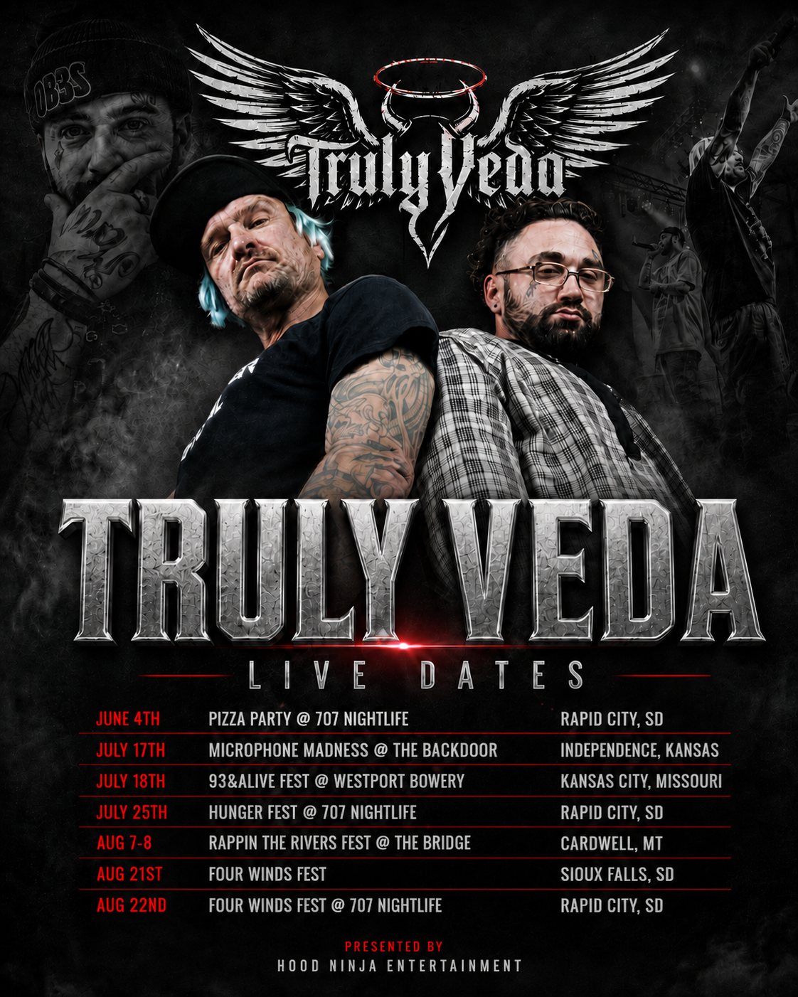 Truly Veda live dates poster listing a seven-stop tour