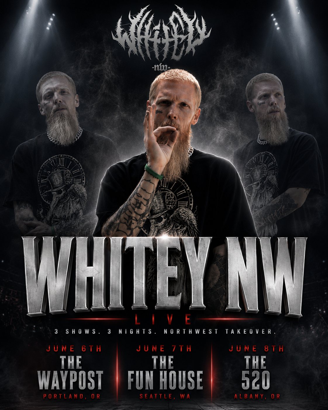 Whitey NW three-night Northwest show run poster with silver lettering